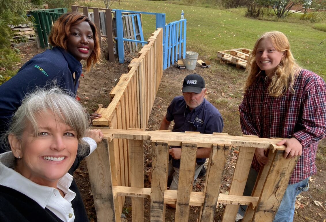 Composting Eagles members collaborate on improving campus composting systems through hands-on service and collaboration with Sodexo-Dining Services.